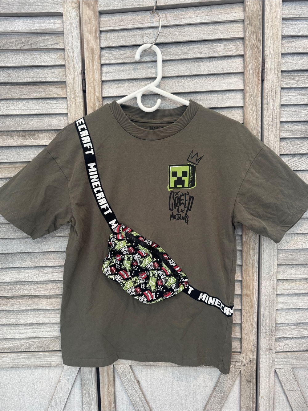 Minecraft Bag graphic T- Shirt Kids Olive Green for Size 12years old